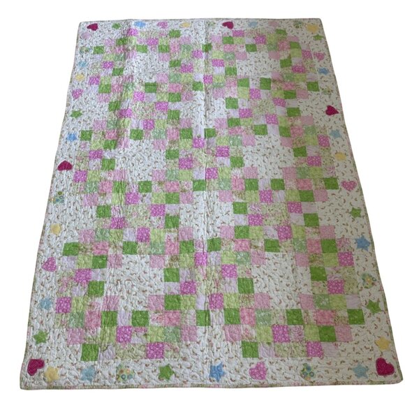 Handmade Patchwork Baby Quilt Pink & Green Floral /Star / Heart Reversible - Picture 14 of 16